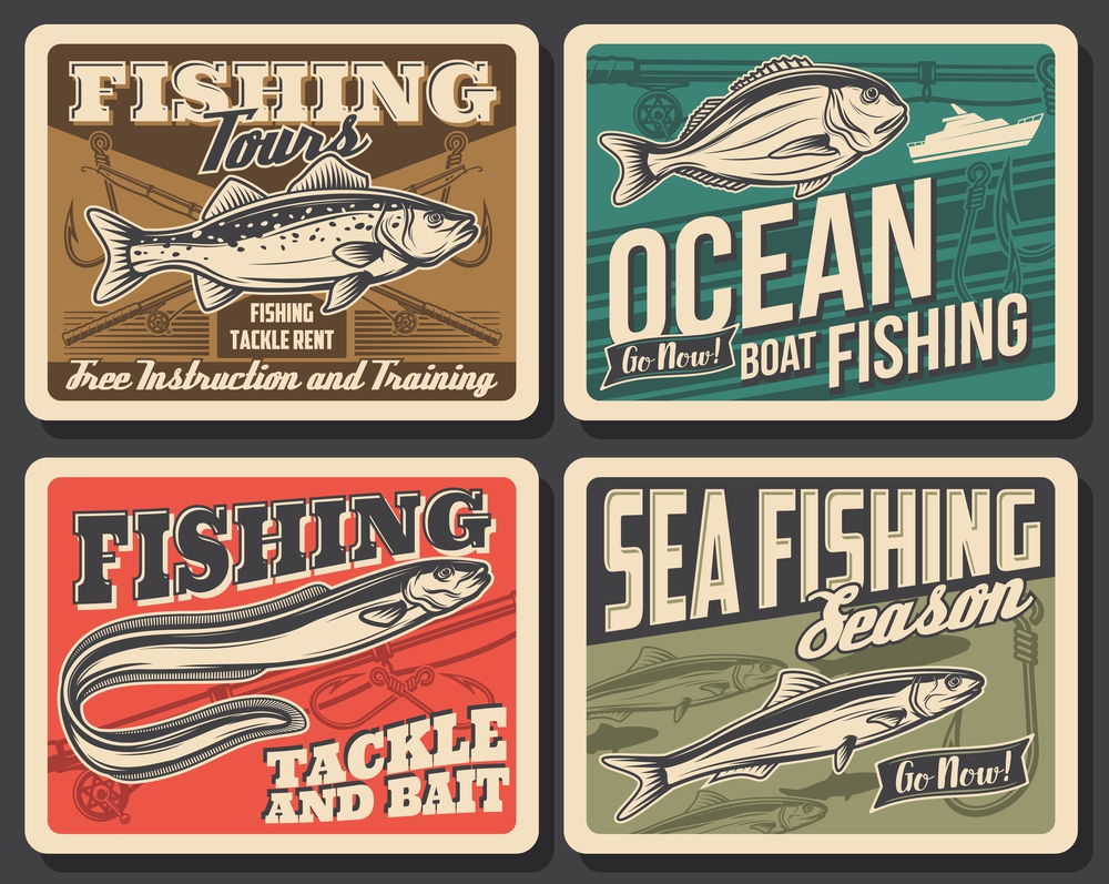 Sea fishing boat, fish and fisherman tackle vector design. Bass, anchovy, eel and dorado fish, fishing rod, hook, lure and bait, spinning reel and float retro posters, outdoor hobby and fishery themes. Sea fishing boat, fish and fisherman tackle poster