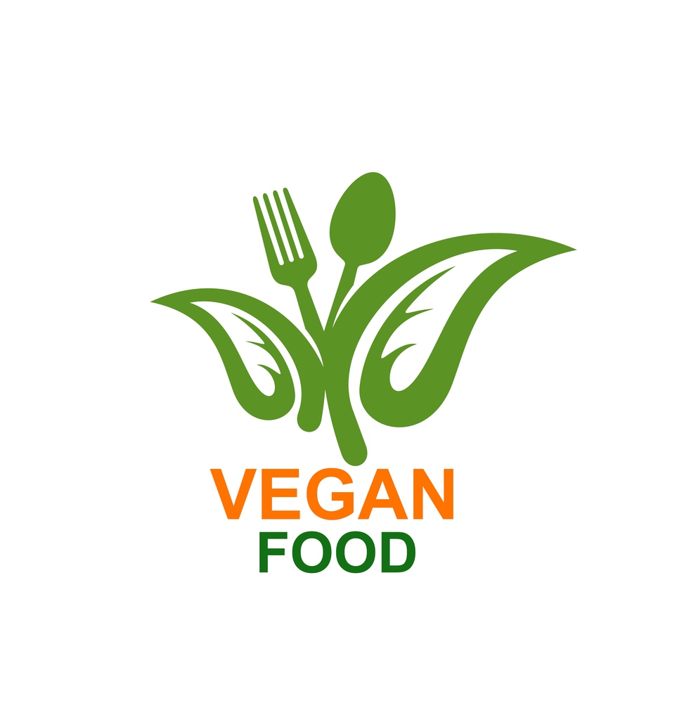 Vegan food vector icon with isolated fork, spoon and green leaves of organic farm vegetarian meal. Fresh vegetable diet dish and cutlery emblem or symbol design for vegan restaurant and cafe. Vegan food vector icon, fork, spoon, green leaves