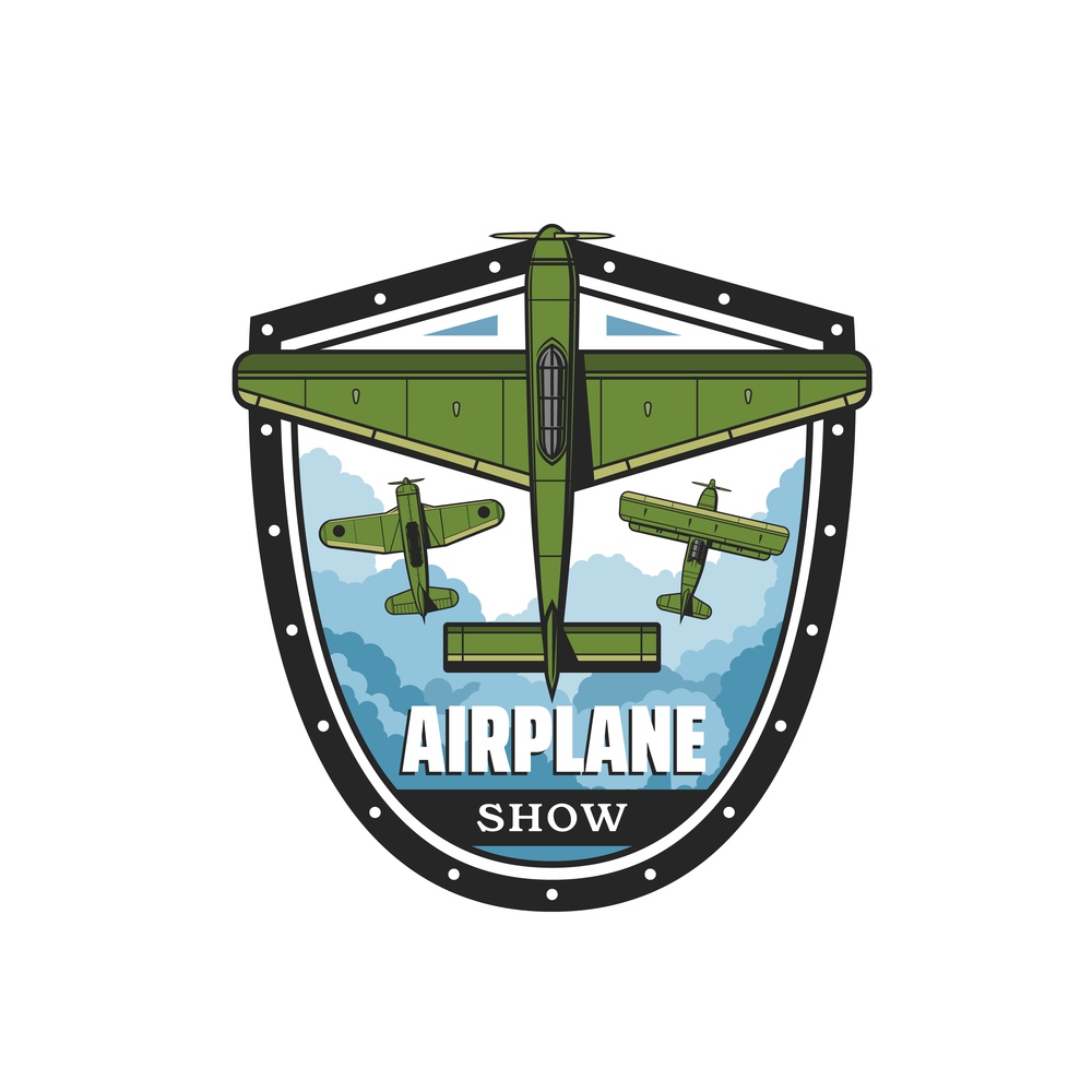 Airplane show icon with vector retro propeller planes and biplanes flying in sky. Isolated badge with vintage aircraft, old plane, airplane, monoplane or bomber with propellers, fixed wings, fuselages. Airplane show icon, propeller planes and biplanes