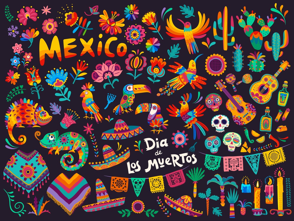 Mexican cartoon symbols of vector Dia de los Muertos or Day of Dead holiday background. Mexico Halloween sugar skulls, fiesta party sombrero hats and guitar, marigold flowers, altar and cactuses. Mexican cartoon symbols, Day of Dead holiday