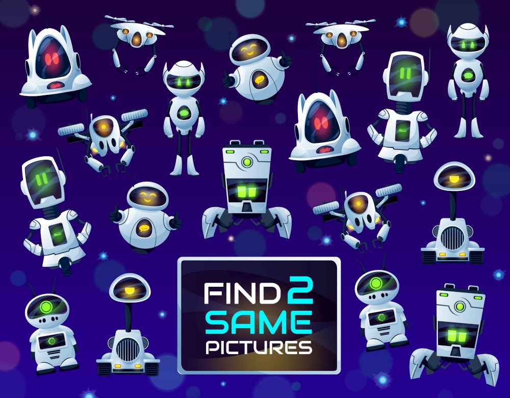 Find same robots or drones vector kids game, puzzle or riddle. Children education memory game, maze or test of find same pictures of cartoon robots, droid drones and quadcopters, android bots, cyborgs. Find same robots or drones, kids game and puzzle