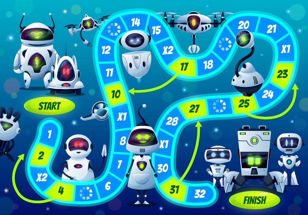 Kids boardgame with robots and droids, vector step board game with cute ai cyborgs, block path, numbers, start and finish. Cartoon educational child riddle worksheet with android futuristic characters. Kids boardgame with robots and droids characters