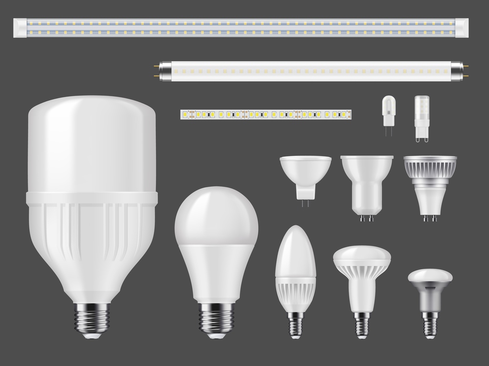 LED lamps and light strips mockup. Modern illumination high efficient bulbs and tubes, various shape and sizes, bases types lighbulbs with SMD diodes, matted glass and heat sinks. LED bulb lamps, tubes and light strips