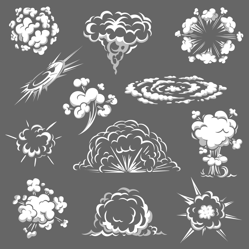 Cartoon bomb explosion, comic boom clouds, vector white smoke, aroma or toxic steaming vapour, dust steam. Smoky chemical steam isolated design elements, burst effect set for ui or gui interface. Cartoon bomb explosion, comic boom clouds set