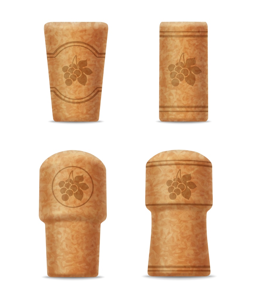 Realistic corks, wine stoppers of different shapes, 3d corkwood plugs with grape bunch and leaves image. Wooden bungs for bottle, equipment for alcohol winery production isolated on white background. Realistic corks, wine stoppers of different shapes