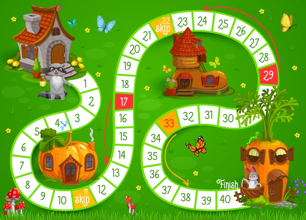 Cartoon animals and fairy houses vector kids boardgame or puzzle. Educational dice game, puzzle, riddle or maze on background of fairytale town with boot and carrot houses, help racoon get to bunny. Cartoon animals and fairy houses, kids boardgame