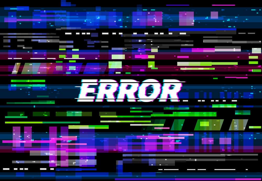 Glitch error screen vector background of VHS video problem with color pixel noise and lines. Digital glitch texture of computer data crash, tv no signal code, display failure, bug or fail. Glitch error color pixels VHS video problem screen