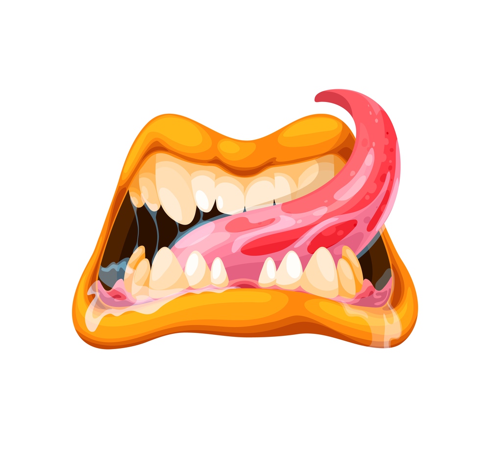 Cartoon monster jaws, mouth with teeth and tongue. Vector alien open toothy maw with gooey tongue licking yellow lips and sharp teeth. Scary os with dripping saliva, isolated crazy beast creepy gob. Cartoon monster jaws, mouth with teeth and tongue