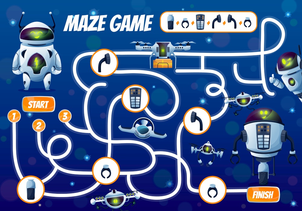 Fix the robot vector kids maze game or start to finish labyrinth. Children education puzzle, riddle or test, help cartoon robot, android bot, droid drone and quadcopter find right way to spare parts. Fix the robot kids maze game or labyrinth