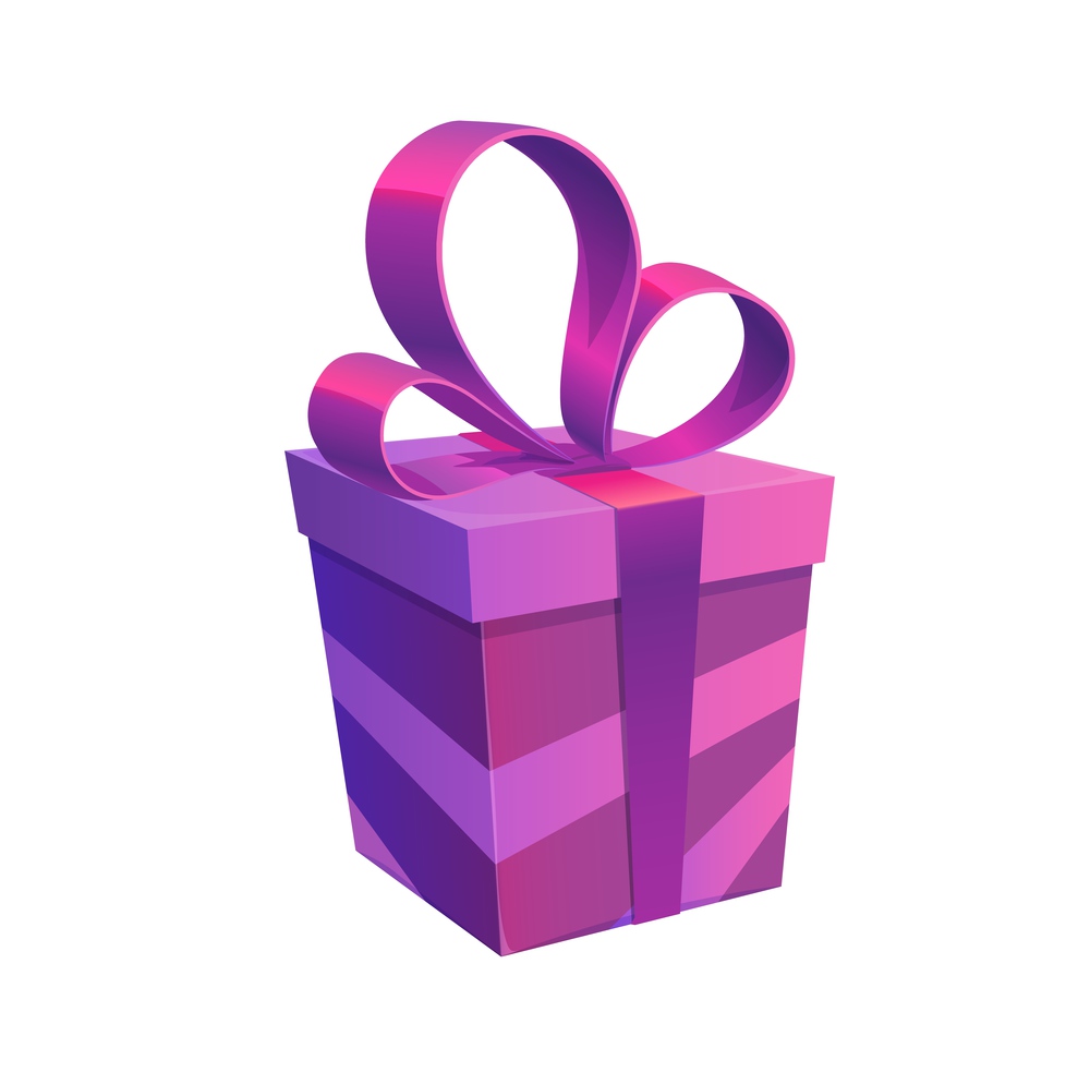 Purple holiday gift box with bow vector design. Isolated present package of Christmas or Xmas, Birthday, Valentine Day or anniversary surprise with festive wrapping paper and ribbon. Purple holiday gift box with bow, isloated present