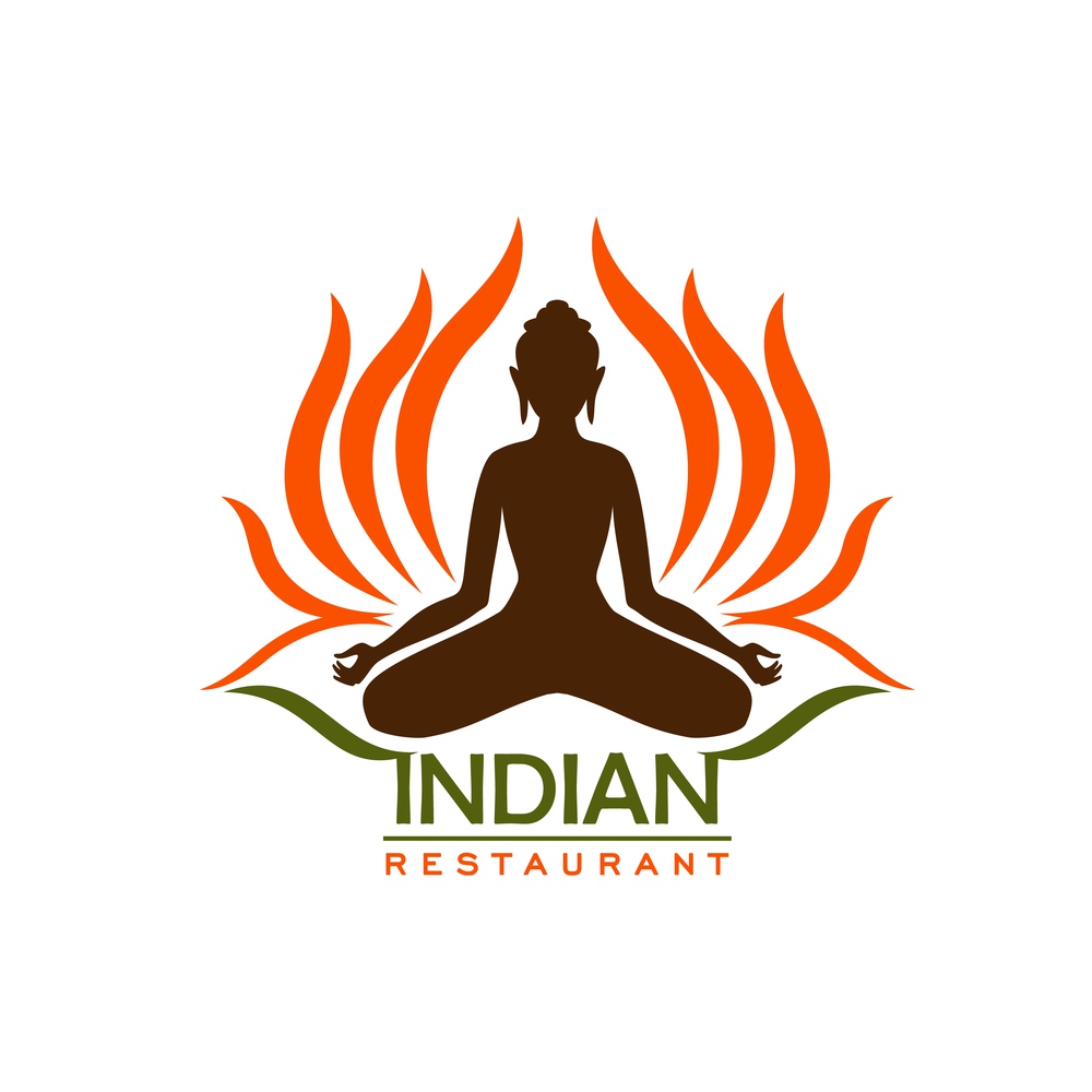 Indian restaurant vector icon of Asian cuisine and traditional food of India. Sacred lotus flower with orange and green petals and silhouette of Buddha God statue isolated symbol or icon. Indian restaurant icon, food of India and Asia