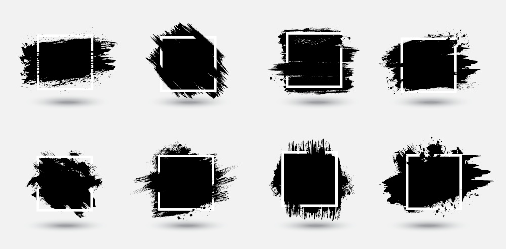 Grunge frames set, paint strokes texture vector backgrounds. Black ink, spatters, brushstrokes and stains, mud smudges, dirty traces and smears. Square grungy frame with dirty, rough sides. Grunge frames, black paint brushstrokes background