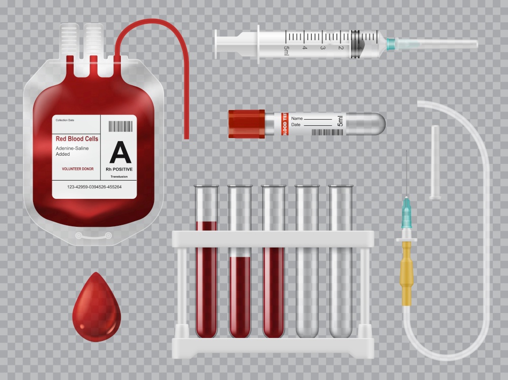 Blood donation, transfusion and testing equipment. Realistic vector blood bag with red cells, laboratory and vacutainer collection tube, injection set with needle, syringe and blood droplet. Blood testing, transfusion equipment vector