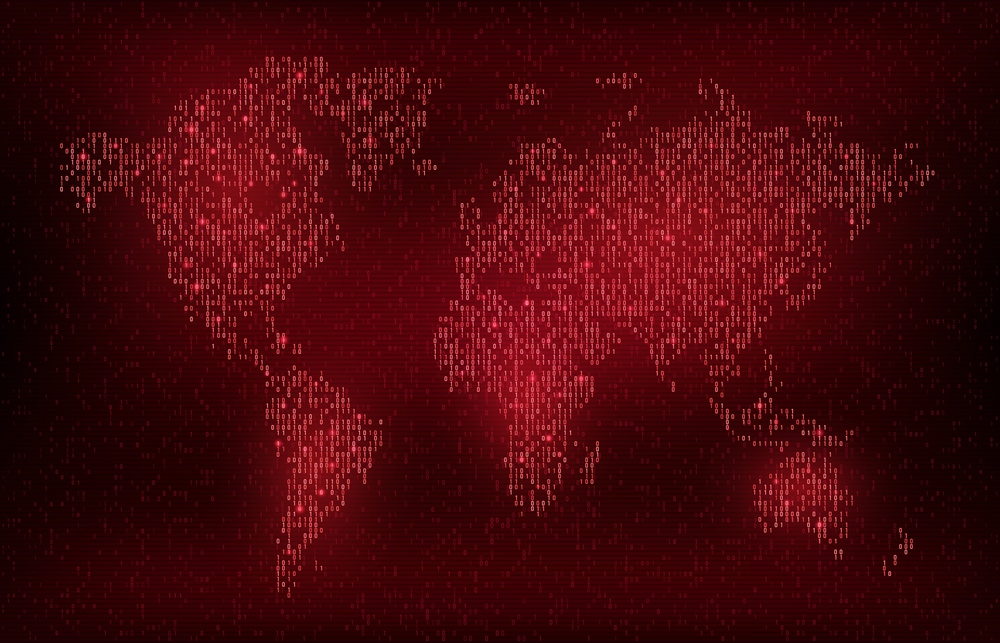 Digital binary code vector world map, cyber digital and future technology background. Futuristic Earth globe map with red glowing 1 and 0 numbers, abstract neon continents with data stream patterns. Digital binary code vector world map