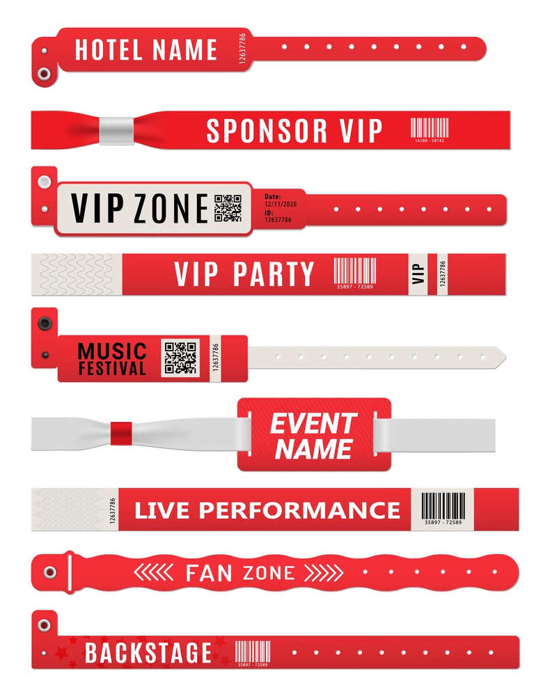 Wristband bracelets, event entrance pass mockup. Plastic tags, bands for arm or security badge vector templates. Music festival, VIP party invitation, live performance fan zone and backstage pass. Wristband VIP bracelets, event pass vector mockup