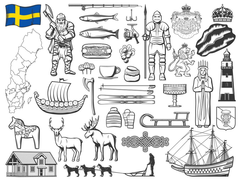 Sweden history, nature and culture symbols vector icons. Sweden flag, Vasa coat of arms and ship, royal crown, viking with ax and drakkar, Saint Lucia, lighthouse and northern lights, fishing tackle. Sweden history, cuisine and culture icons