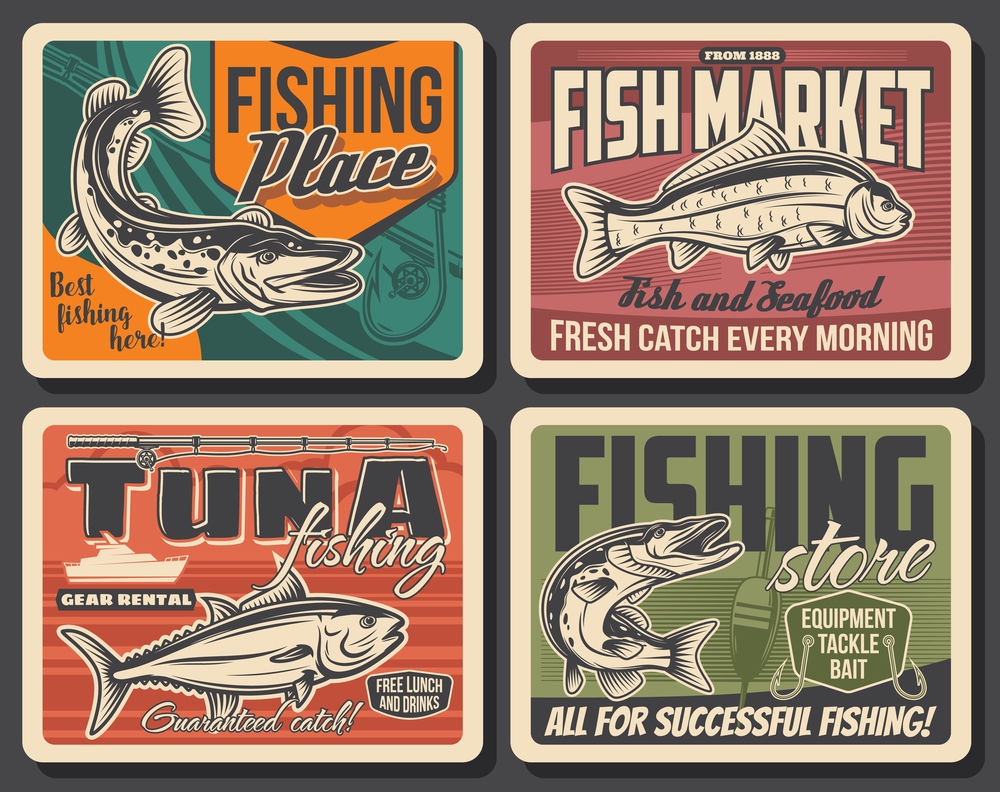 Fishing sport retro posters with vector fish, fisherman tackle and fishing boat. Ocean tuna, fishing rod, hook, spinning reel and lure line, bait, float, river pike and carp, outdoor hobby and fishery. Fishing sport posters with fish, fisherman tackle