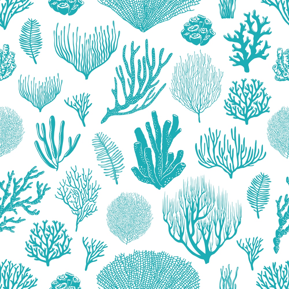 Sea corals, sponges and seaweed seamless pattern. Marine life background, ocean bottom species, aquarium animals and plants, underwater flora and fauna backdrop, textile decoration. Sea corals, aquarium plants seamless pattern