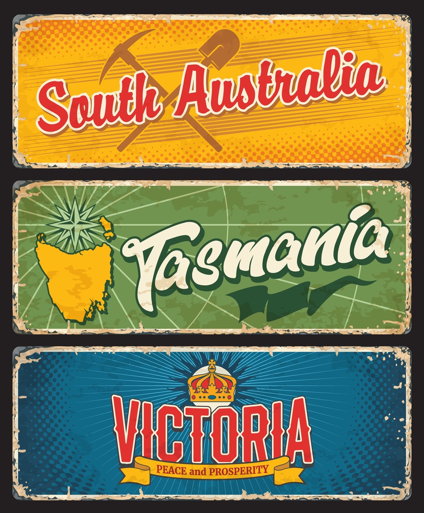 South Australia, Tasmania and Victoria states, Australian island and states vintage plates. Vector map of Tasmania island, crown, antique wind rose, mining industry spade and pickaxe grunge signs. South Australia, Tasmania and Victoria states