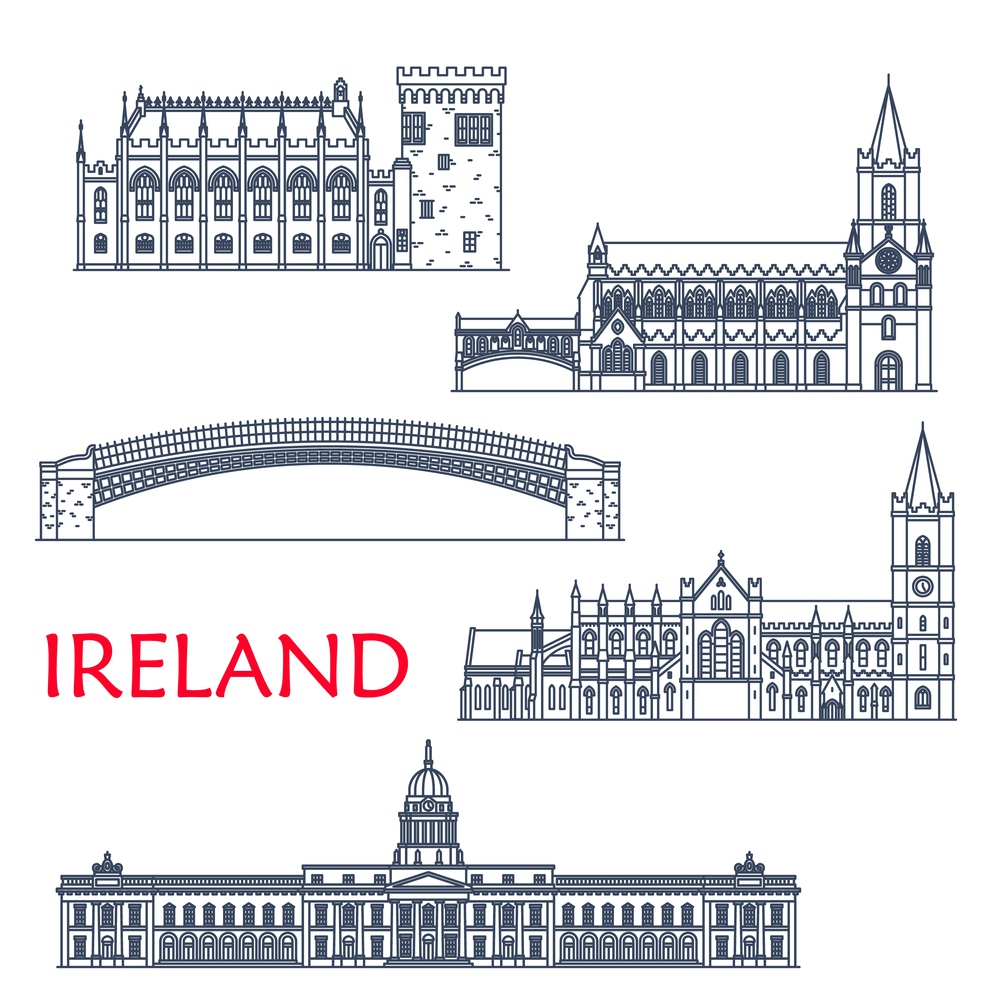 Ireland landmarks and architecture, Dublin buildings and travel sightseeing, vector icons. Irish Ha penny or Liffey Bridge, Custom House, Christ Church or Holy Trinity and Saint Patrick Cathedral. Ireland landmark, Dublin architecture castle icons