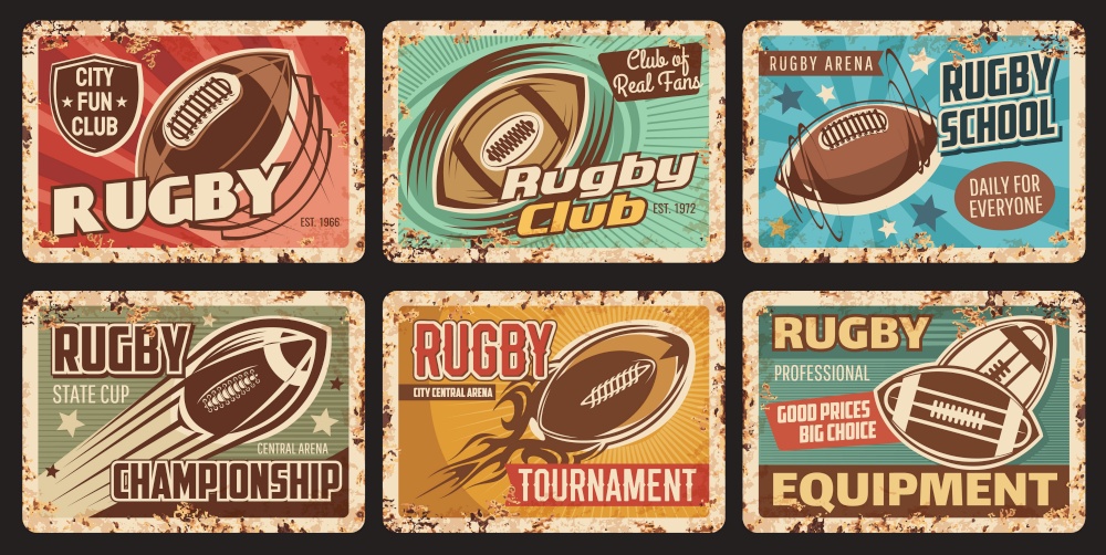 Rugby sport rusty metal plate, city tournament or championship, sport club tin plates. Flying and spinning rugby ball, retro typography and rust texture frame. Sport equipment shop, arena retro banner. Rugby club, school or tournament rusty metal plate