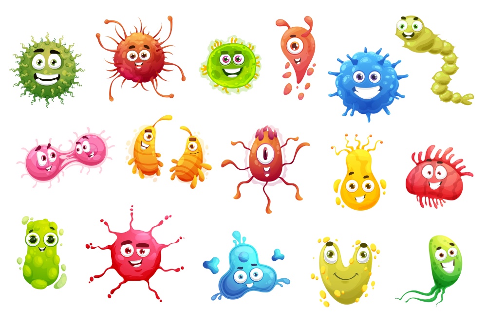 Cartoon virus and bacteria characters. Vector funny germs, bacteriums and cute pathogen monsters. Microbe cells with tongues, teeth and scary smiles, pathogen microorganism of coronavirus and flu. Cartoon viruses, bacterias, germs and bacteriums