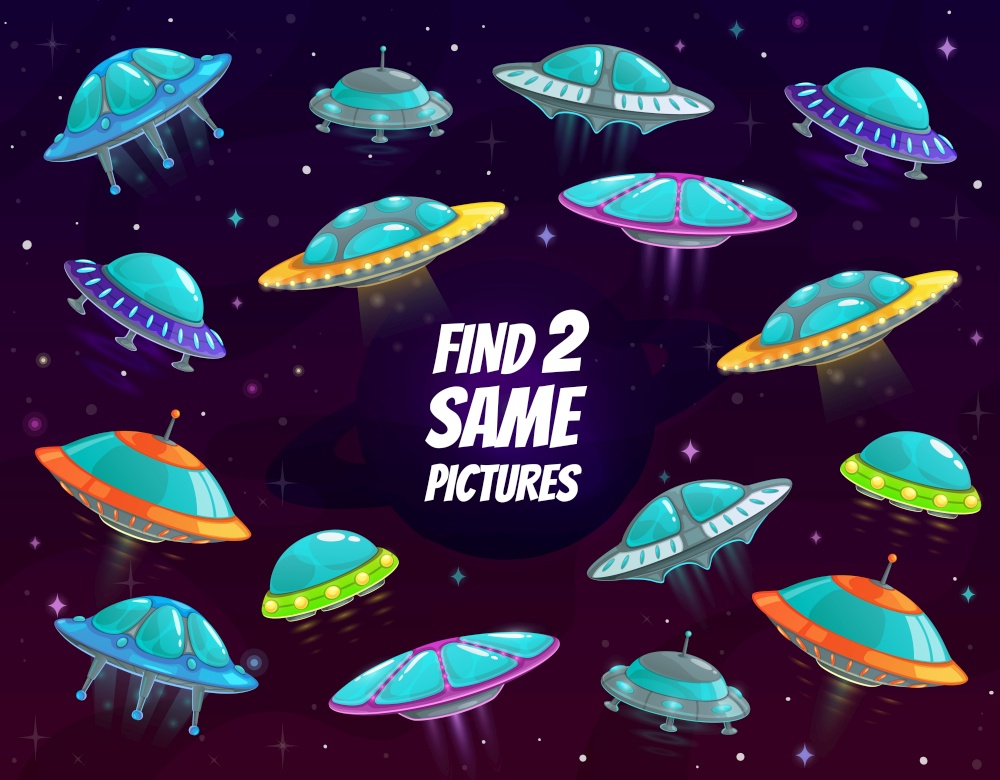 Find two same spaceships in space vector kids game, riddle with ufo saucers in galaxy. Children logic educational test with alien shuttles, funny space ships. Cartoon worksheet for mind development. Find two same spaceships in space vector kids game