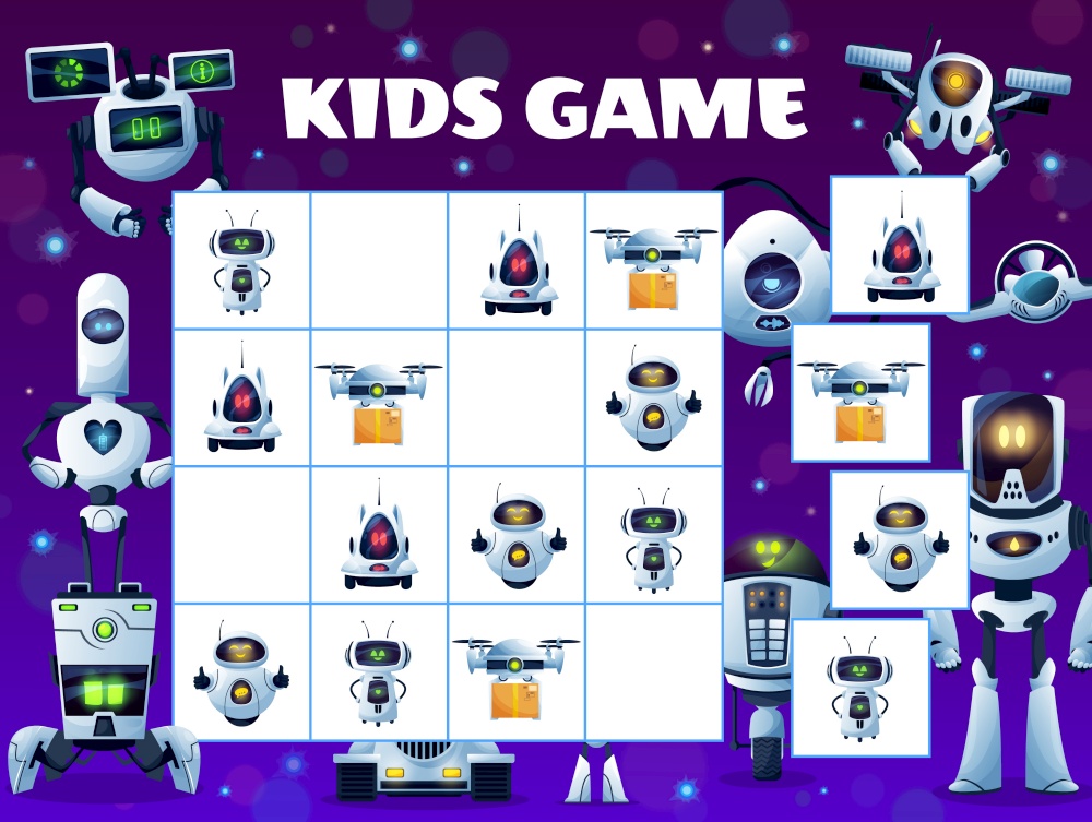 Sudoku kids game block puzzle with vector robots and droid drones background frame. Education mind game, logic riddle, puzzle or test worksheet template with cartoon robots, android bots and drones. Sudoku kids game block puzzle, robots and drones