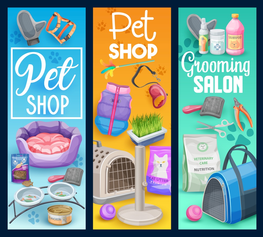 Cat and kitten pet animal care vector banners of pet shop and grooming salon. Cat or kitten care supplies, grooming accessories and food, bowls, toys, bed and carries, leash, brush, shampoo and litter. Cat and kitten care, pet shop and grooming salon