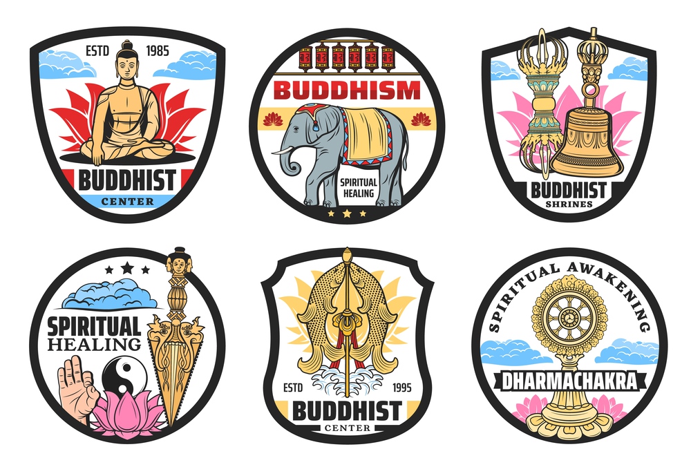 Buddhism icons, spiritual practices center. Vector meditating Buddha sitting in lotus, elephant and prayers wheels, Vajra, temple bell and Kila ritual knife, two goldfishes, dharma wheel. Buddhism religion symbols icons, vector
