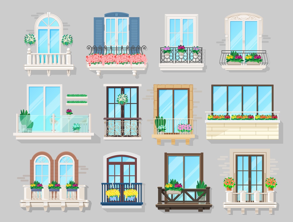 House balcony, building facade or city street architecture interior design. Vector balcony with wrought iron and wooden railings, glass fences decorated flowers in flowerpots, window shutters. House balcony with various railings and flowers