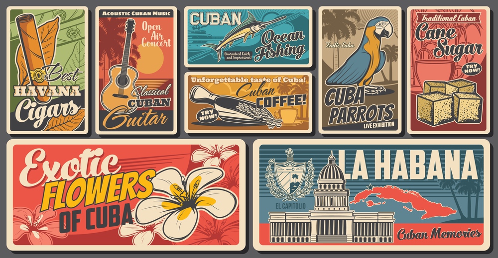 Cuba travel retro banners set, vector mariposa flower. Cuban, guitar, map of exotic island and parrot. Havana cigars and Caribbean islands. Cuban coffee beans and sugar, Habana architecture, memories. Cuba travel, culture and landmarks retro banners