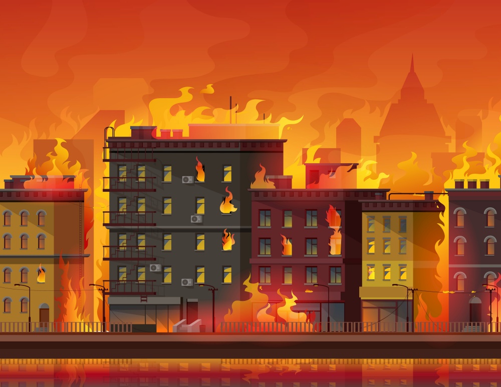 Fire in city, burning buildings on town street. Natural disaster or catastrophe, war conflict or climate changes cartoon vector background. Condominiums and skyscrapers in flames, firestorm in city. City in fire, war or natural disaster background
