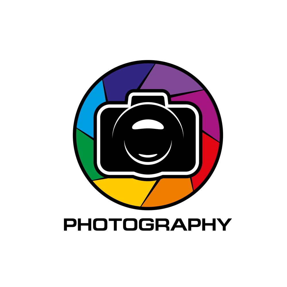 Photography icon, lens color diaphragm. Camera or photo editing application, printing service or studio vector round emblem. DSLR or mirrorless photo camera with lens aperture blades and typography. Photography round icon with photo camera diaphragm