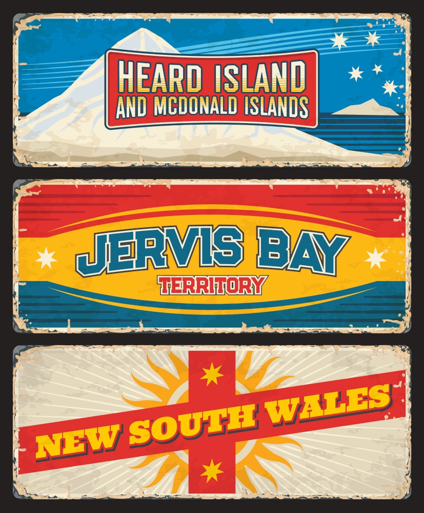 New South Wales, Jervis Bay Territory, Heard and McDonald Islands, Australian state vintage plates. Vector flag, coat of arms sun symbol, Mawson peak and Gotley glacier, Australia travel old tin signs. New South Wales, Jervis Bay, Heard and McDonald