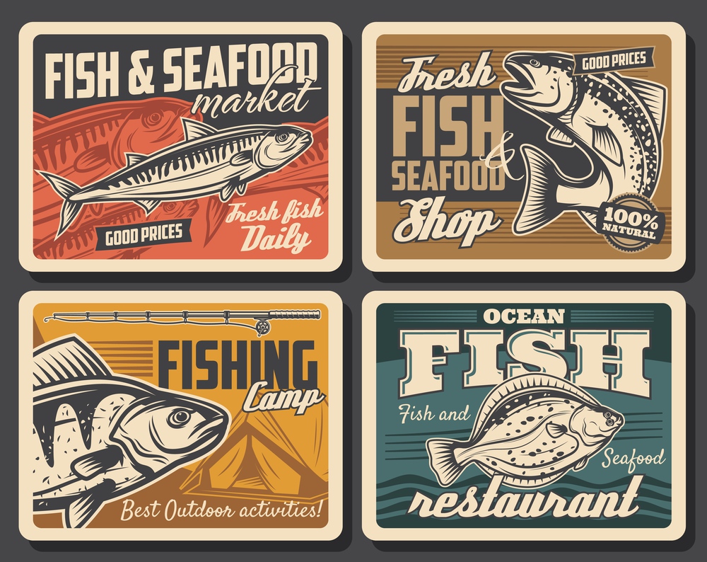 Fish and seafood, fishing sport vector design. Salmon, tuna and flounder, bass and mackerel, fisherman catch retro posters with fishing rod, spinning reel, lure and bait, camp tent and water wave. Fish and seafood, fishing sport retro posters