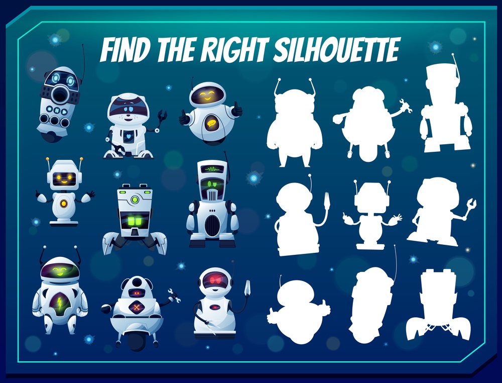 Kids game find the right robot silhouette, shadow match vector riddle with cartoon cyborgs. Children logic test with androids and artificial intelligence bots. Education worksheet for mind development. Kids game find the right robot silhouette riddle