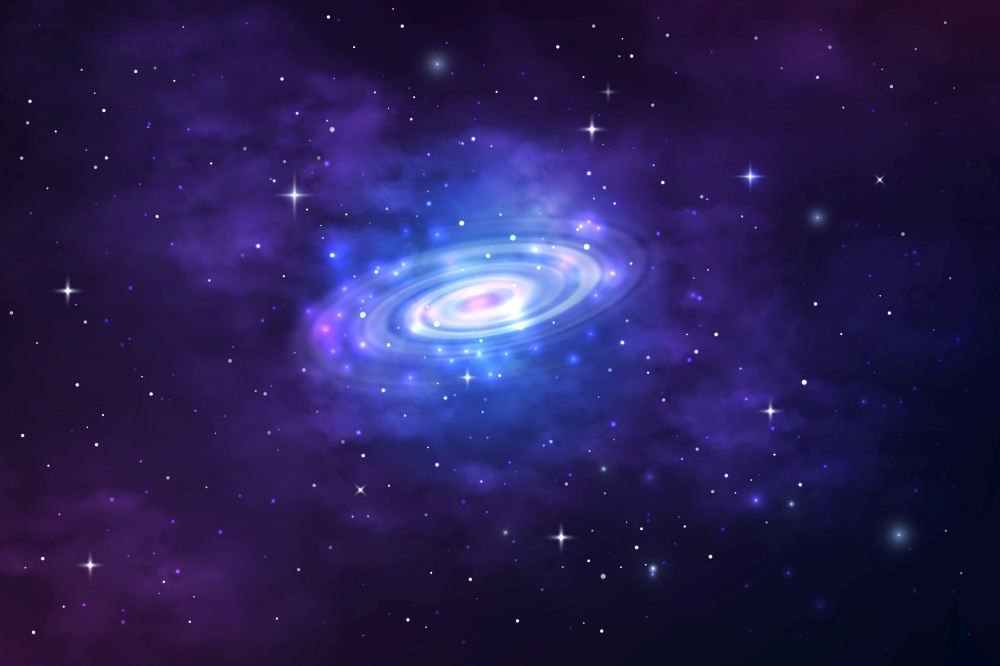 Spiral galaxy in space nebula, stardust, starry universe. Vector cosmic background with realistic nebulosity and shining sparkling stars. Milky way spin, cosmos infinite, night sky astronomy wallpaper. Spiral galaxy in space nebula, stardust, universe
