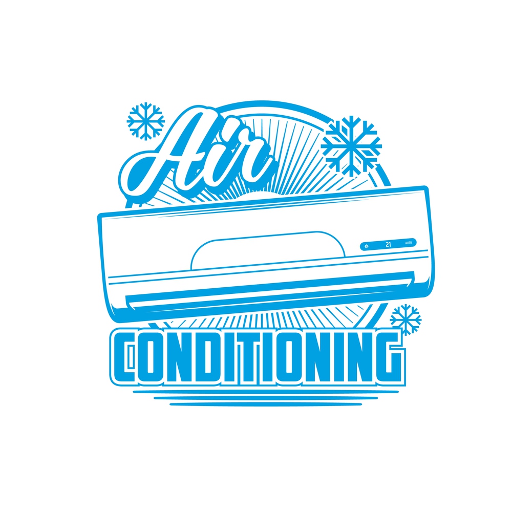 Air conditioning icon, conditioners and split systems vector emblem. Home air conditioners, cleaning and cooling ventilation appliances, air purifiers or ionizer for rooms with HEPA filters. Air conditioner, ventilation cooling split system