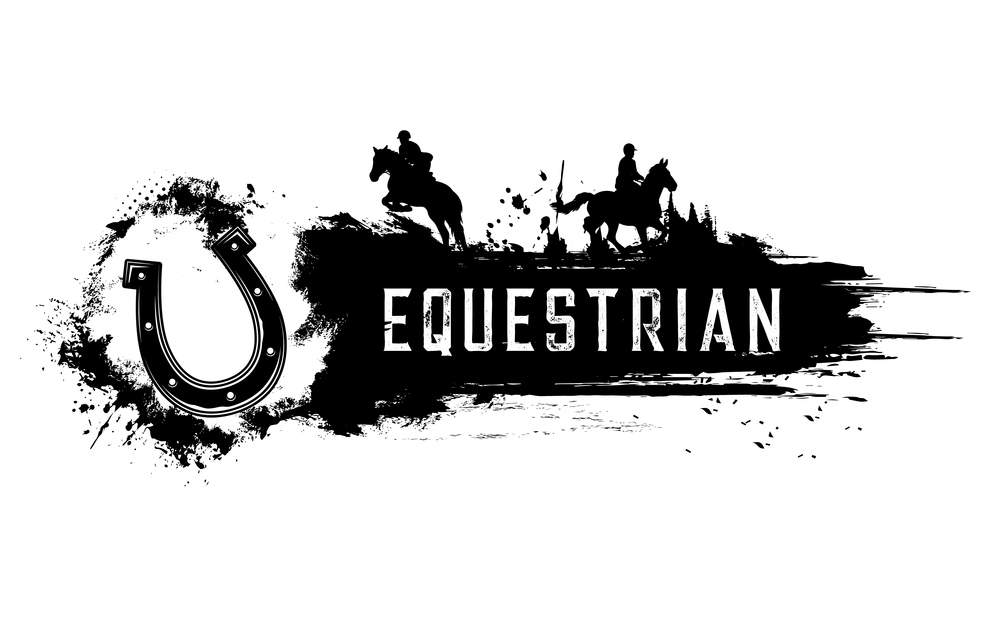 Equestrian sport club banner. Horse riding and racing, horseshoe, jockey on stallion, jumping over obstacles on show jumping competition, polo player silhouette and black paint, grunge ink splatters. Equestrian sport, horse riding club poster