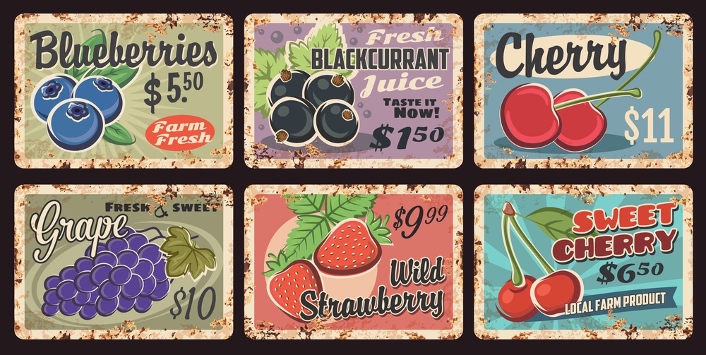 Farm fresh berry rusty metal plates. Blueberries, blackcurrant and sweet cherry, grapes, wild strawberry grunge vector tin signs. Organic farm orchard harvest plates with sweet berries, rust texture. Local farm berries retro price tag, rusty plates