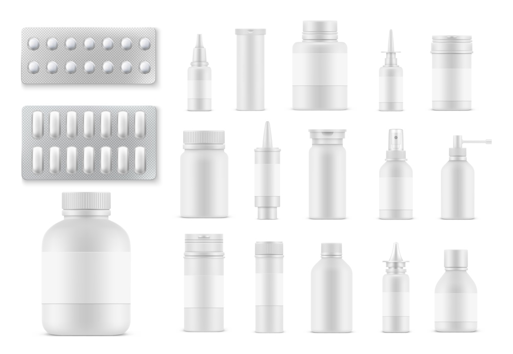 Pills and medicaments realistic bottles and packages. Vector medicine blister packs, sprayers, tablets and capsules mockup. Painkillers, remedy design elements for medical advertising isolated 3d set. Pills and medicaments realistic bottles, packages
