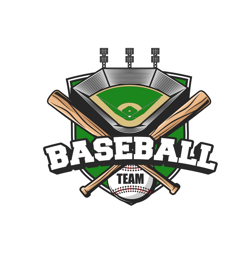 Baseball sport team icon. Vector ball, crossed bats and stadium. Baseball player equipment and arena field isolated icon for sport club or tournament design. Baseball sport team icon, ball, bats and stadium