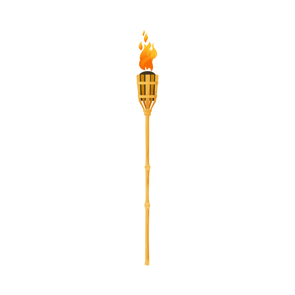 Torch fire flame, Medieval ancient burning lamp, vector icon. Torch on wood bamboo stick, tribal fire lantern, Hawaii tiki burning flambeau or torchlight fire on wood pipe. Torch, Medieval ancient tribe fire flame lantern