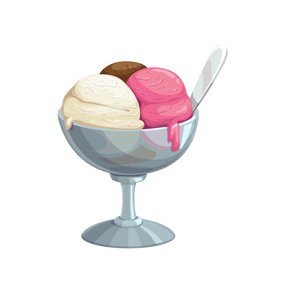 Ice cream, fast food dessert sweets, vector menu isolated icon. Ice cream chocolate, vanilla, and strawberry pink scoop in bowl cup, fastfood cafeteria or gelateria dessert sundae or sorbet icecream. Ice cream, fast food dessert sweets, menu icon
