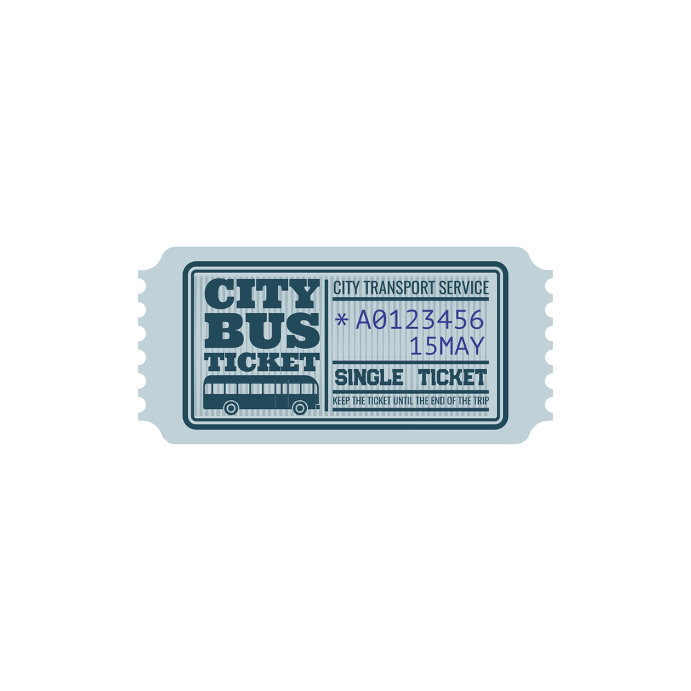 Ticket on bus, city transport service isolated retro blue coupon with control number and date. Vector single boarding, coupon on intercity transport. One way or single ticket, keep until end of trip. City transport service single bus ticket bus