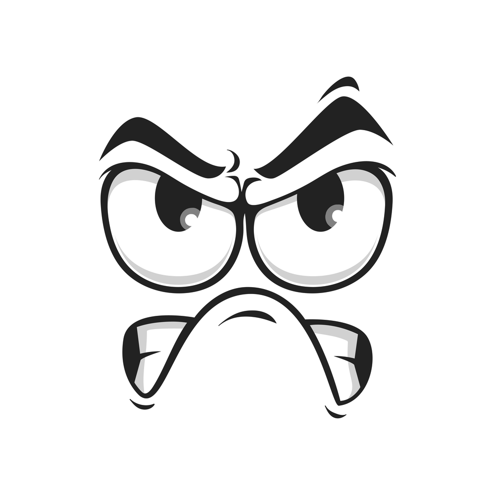 Upset emotion, wrathy sad emoji with closed toothy mouth, angry smiley isolated. Vector grumpy sullen emoji, ireful or rageful emoticon. Irritated angry smiley in bad mood, emoji with eyebrows up. Irritated grumpy emoticon social network chat sign