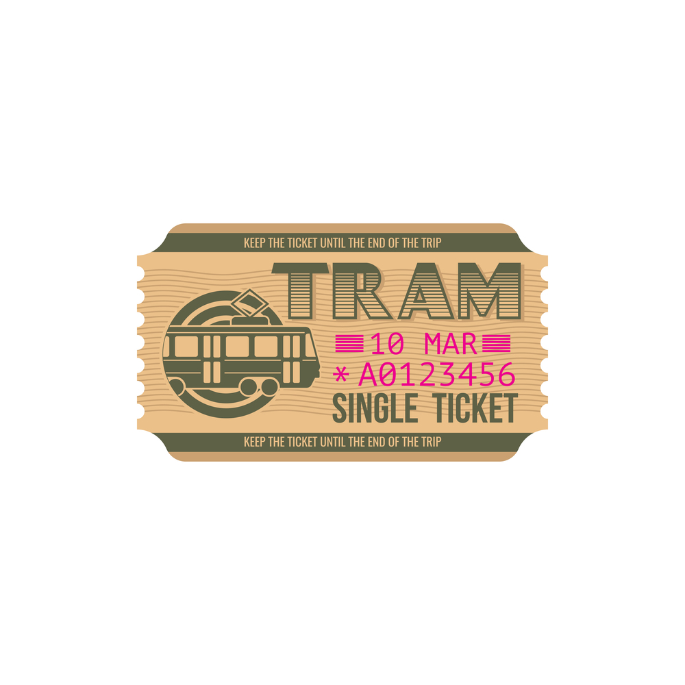 Single ticket on city tram isolated paper card. Vector numbered passenger boarding pass on urban transportation wagon. City transport department travel ticket with mention of date of departure. Tram ticket isolated blue control pass template