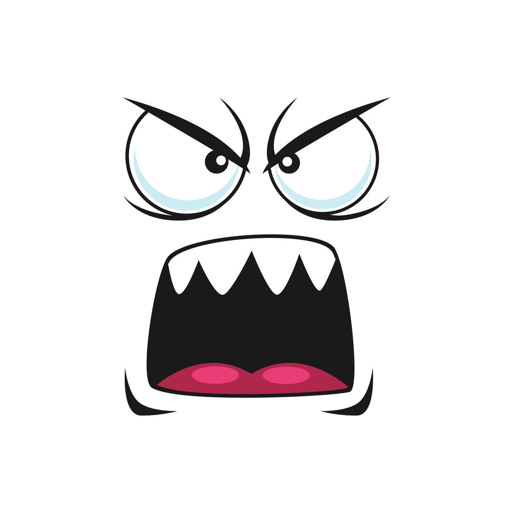 Shocked emoticon in bad mood, angry emoji face isolated shouting smiley with wide open mouth, screaming character. Frightened horror face expression, crazy screaming emoticon, fear face expression. Angry shouting emoticon isolated screaming emoji