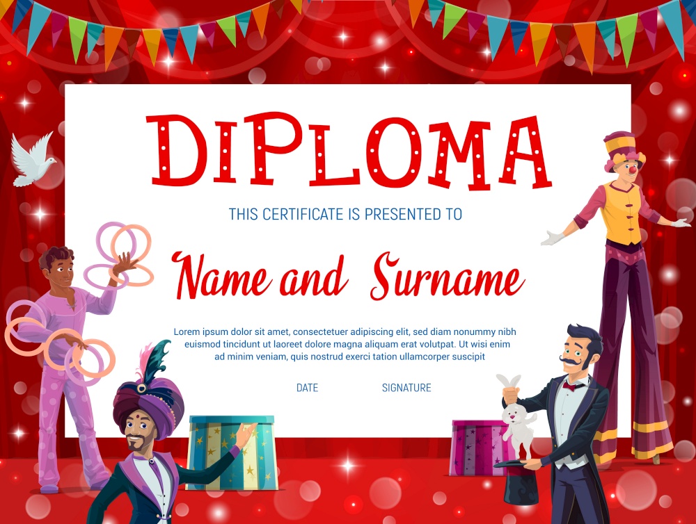 Shapito circus kids education diploma with carnival performers vector background frame. School graduation diploma, achievement or appreciation certificate, competition award with clowns and acrobats. Shapito circus kids education diploma certificate